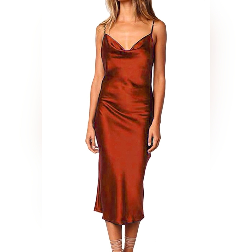 NWOT Sleeveless Spaghetti Strap Satin Cowl Neck Cocketail Dress